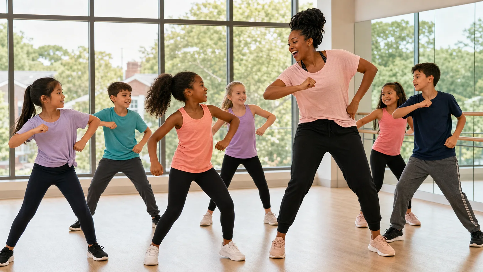 Children learning a beginner jazz and hip hop routine with an Atlanta dance teacher