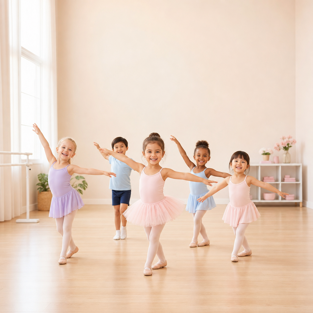 Kids dance class with children learning together in a bright studio