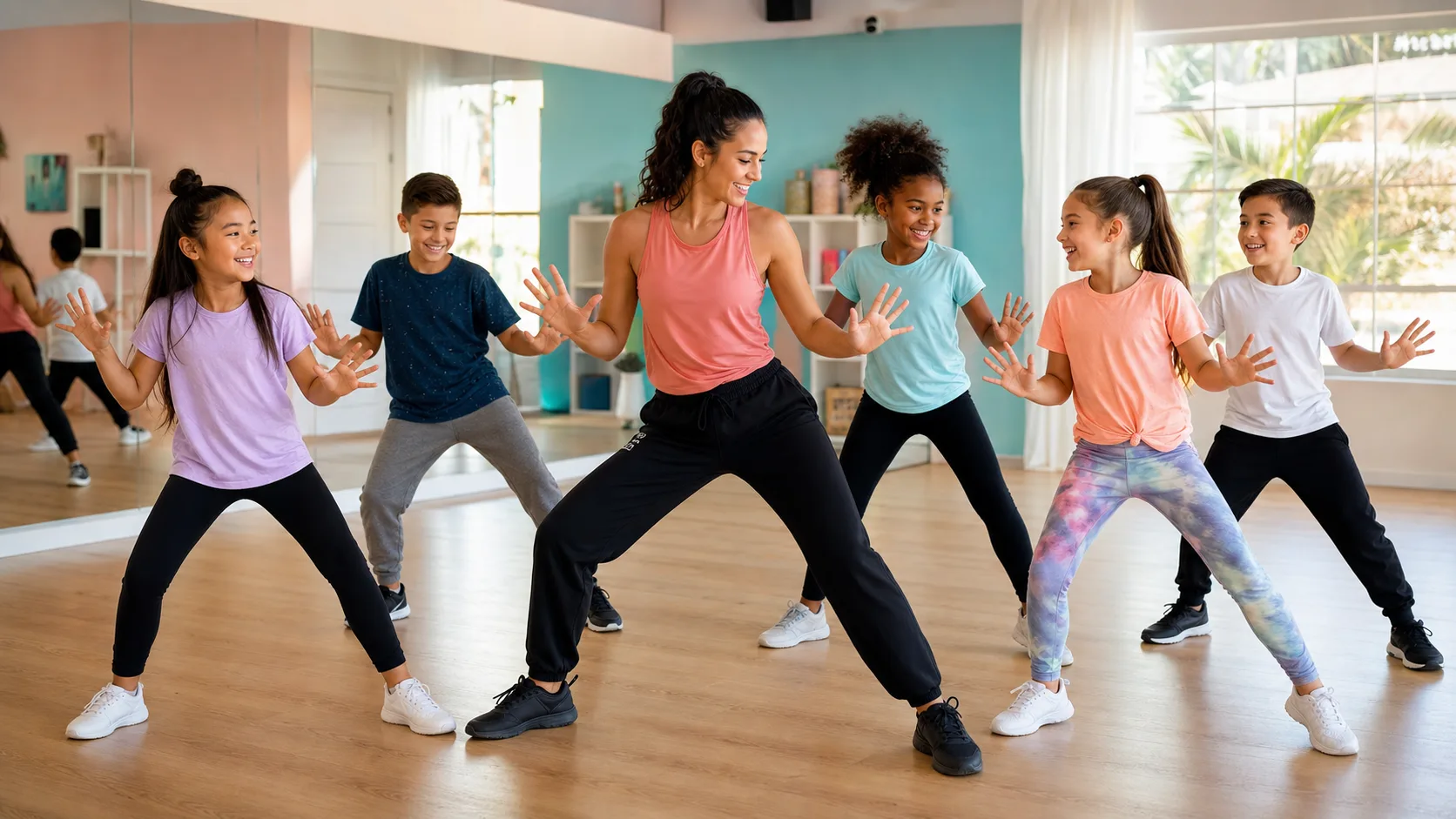 Children learning a beginner jazz and hip hop combination with their teacher in a sunny Los Angeles studio