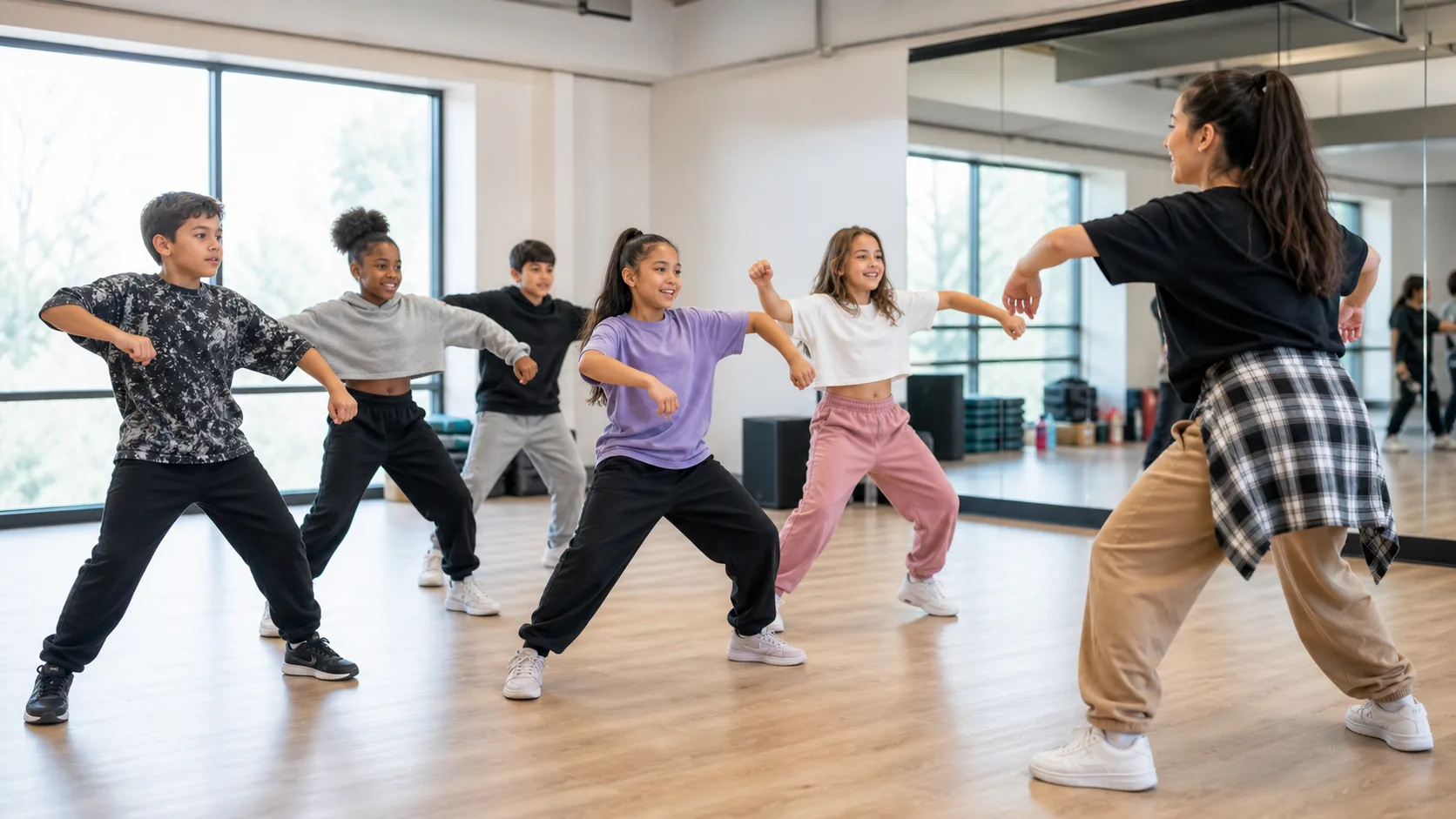 Children practicing an upbeat dance routine with their instructor in a bright Orlando studio