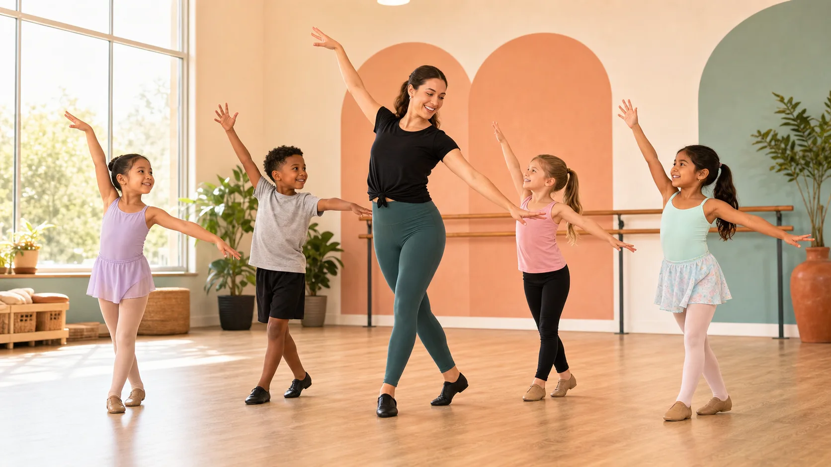 Children practicing a beginner dance combination with their teacher in a bright San Antonio studio