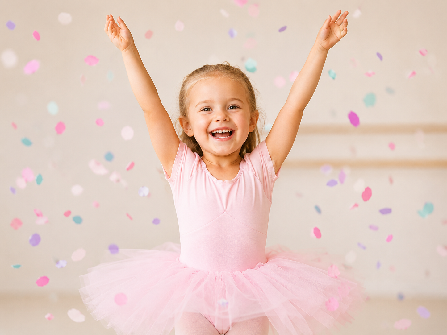 Smiling toddler in a pink dance outfit celebrating in a bright dance studio
